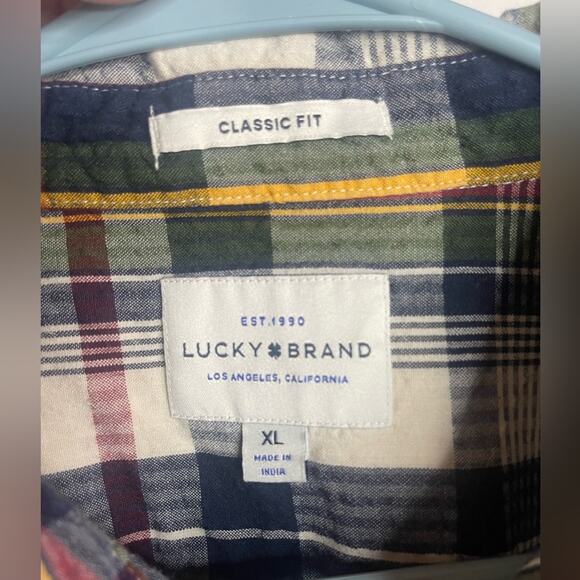 Lucky Brand Men’s XL Seersucker Yellow Red Blue Men’s button down short sleeve - Picture 2 of 9